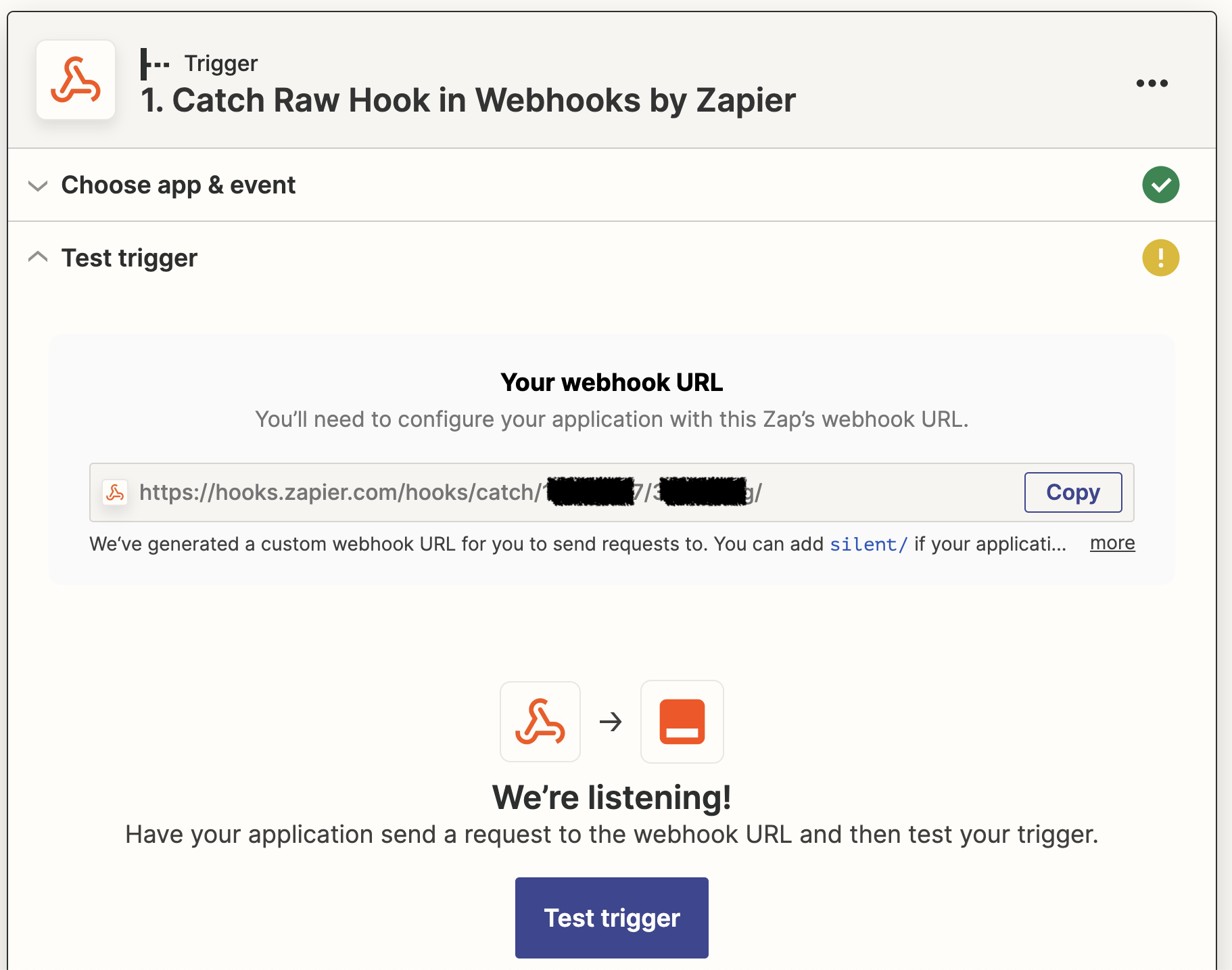 Screenshot of the Zapier UI, showing the webhook URL ready to be copied