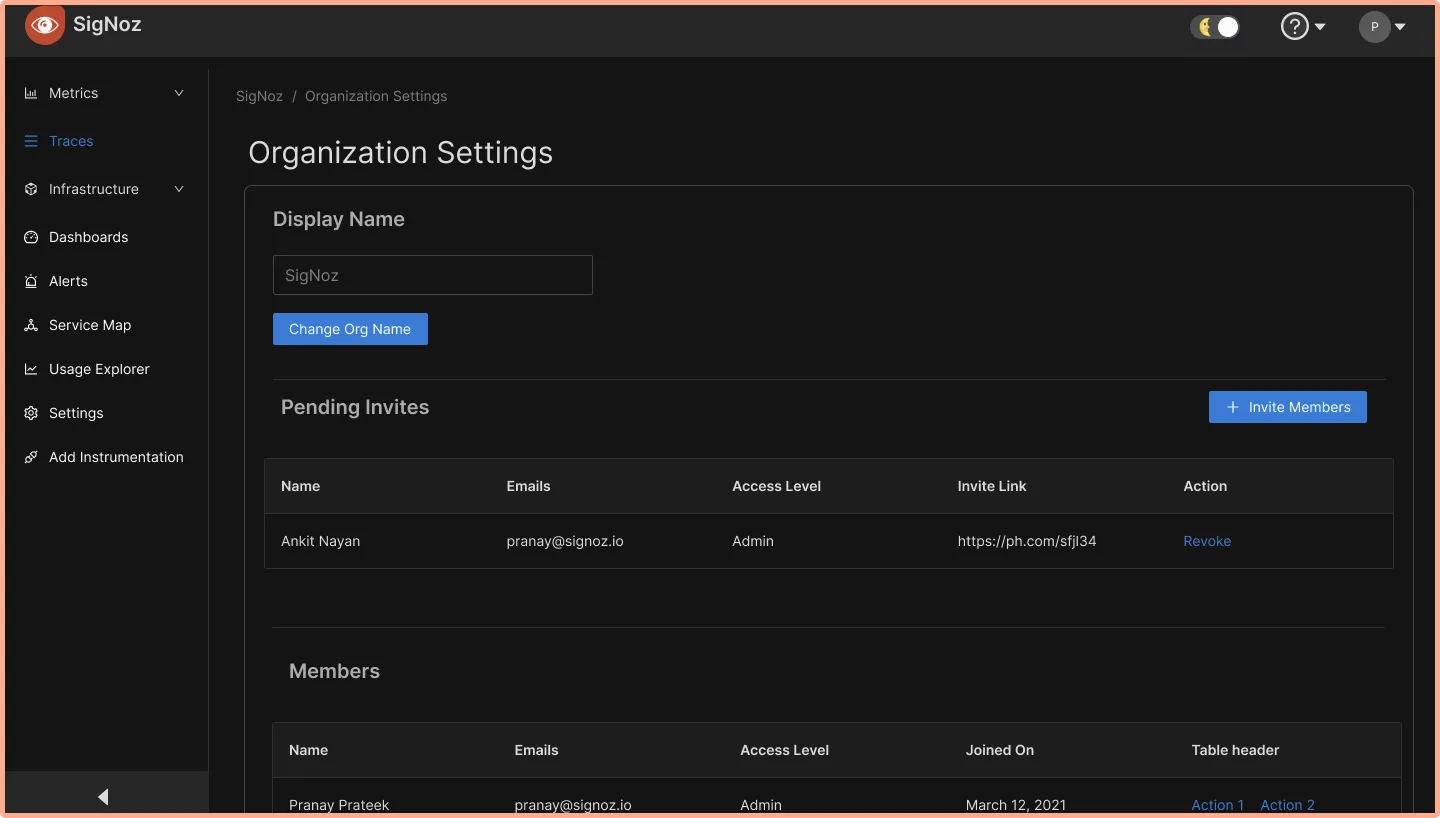 Design of upcoming org settings on SigNoz dashboard