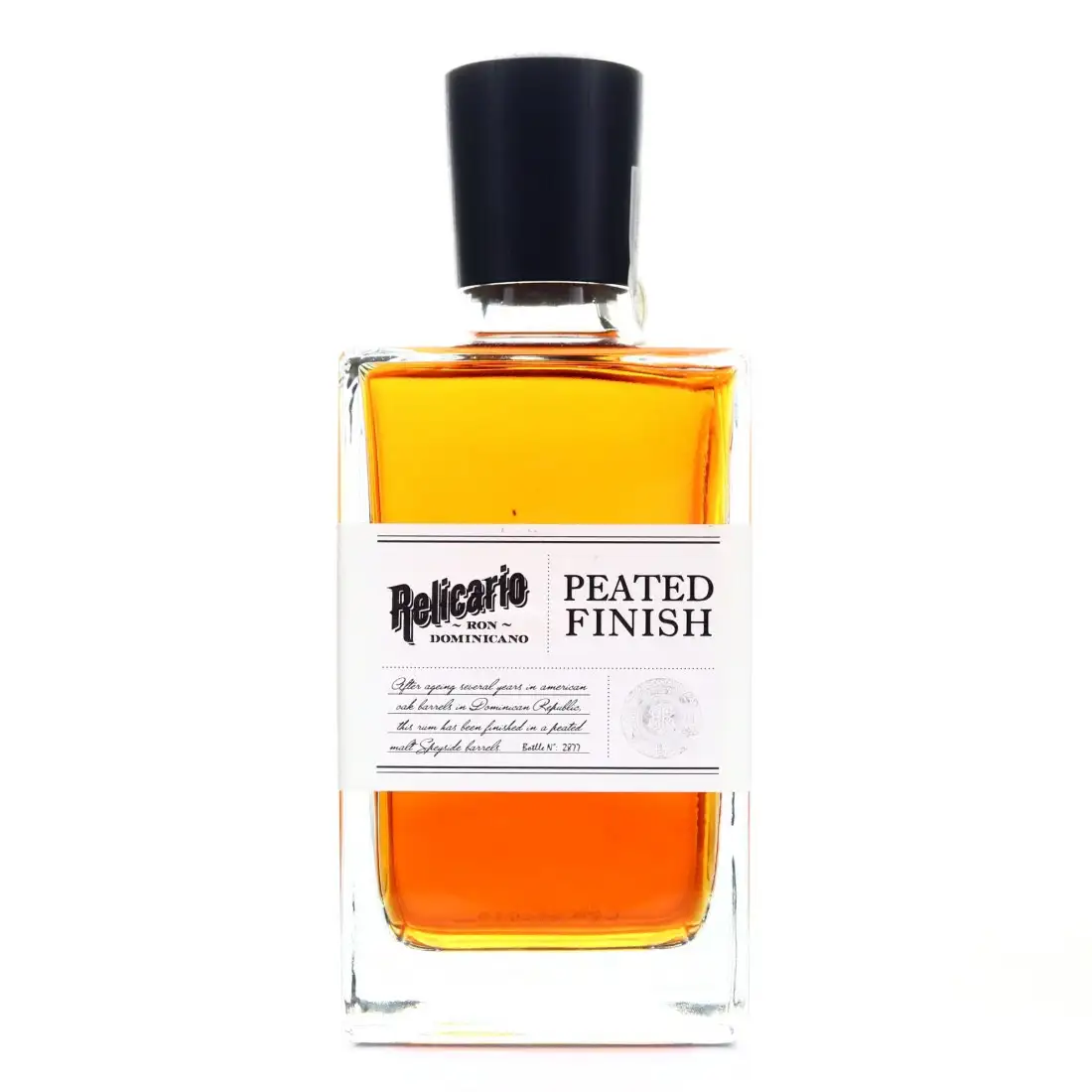 Image of the front of the bottle of the rum Relicario Peated Finish