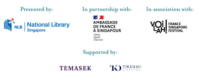 A banner with logos. Presented by: National Library of Singapore. In partnership with: The Embassy of France in Singapore. In Association with: The vOliah! Festival. Supported by: Temasek, and Tikehau Capital.