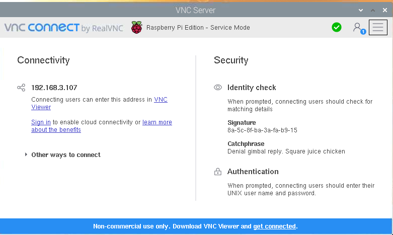Screenshot of RealVNC (VNCConnect) server info screen including dotted quad (ipv4) address