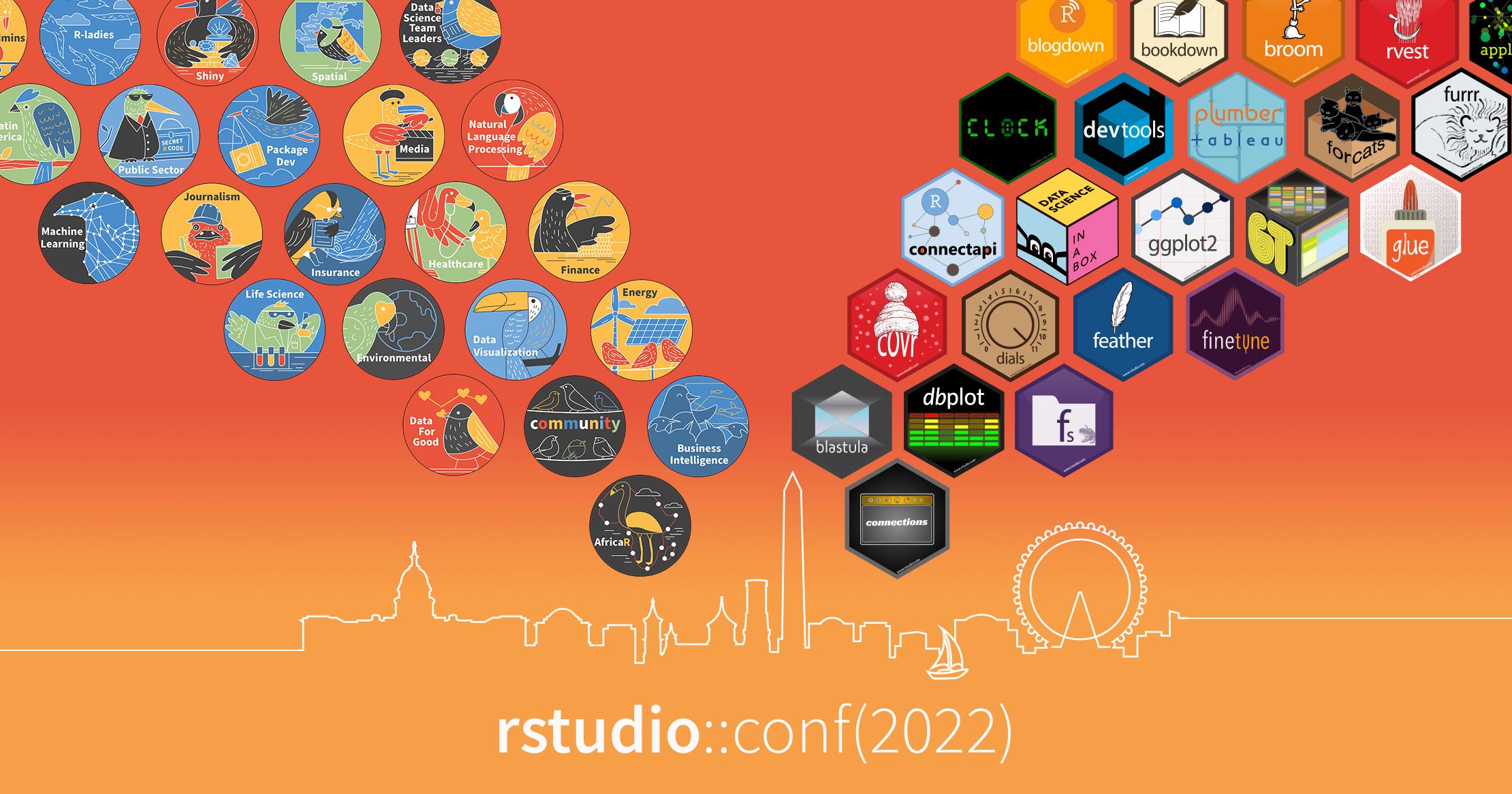 Thumbnail National Harbor skyline outline with the words rstudio conf 2022 underneath. Above the skyline float birds of a feather buttons with the names of the groups such as finance, life sciences on the left. On the right, hex stickers of various packages float towards the corner.
