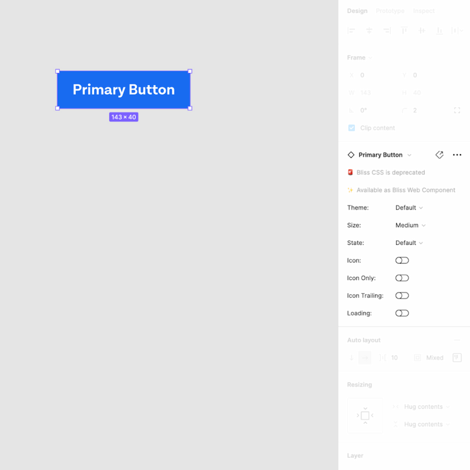 Screenshot from Figma showing the button component with the variant sidebar and additional information.
