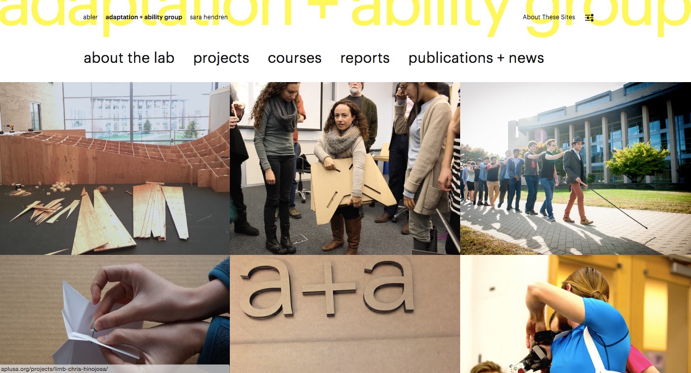 Screen shot of the a plus a home page: a grid of projects ranging from architecture to prosthetics, with the main menu across the top.