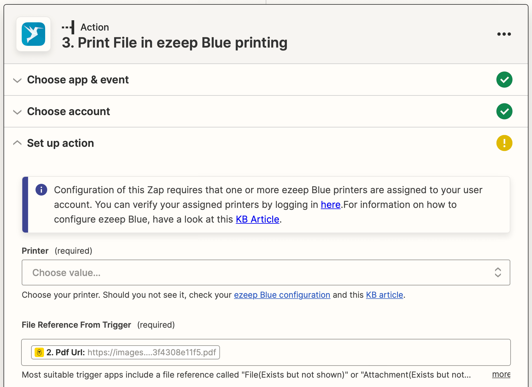 Screenshot of Zapier ezeep Blue printing print file action setup