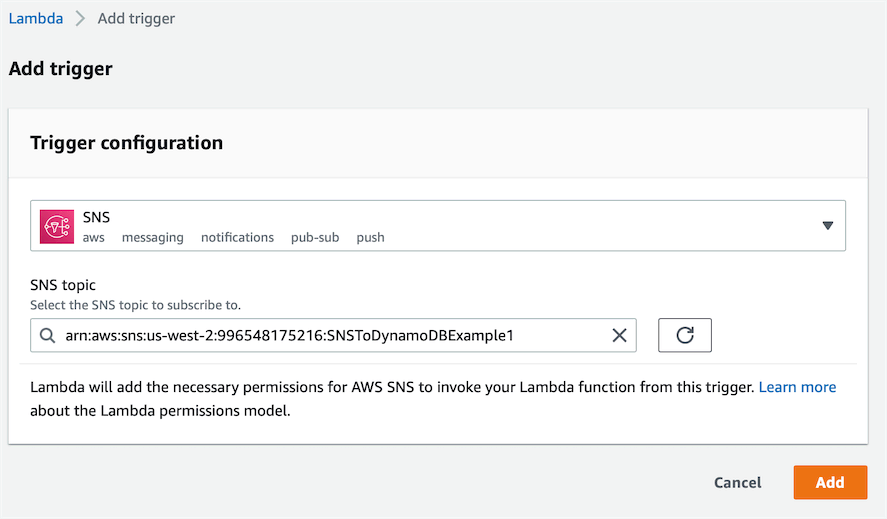 A screenshot showing the Lambda Add trigger SNS page with configuration options.