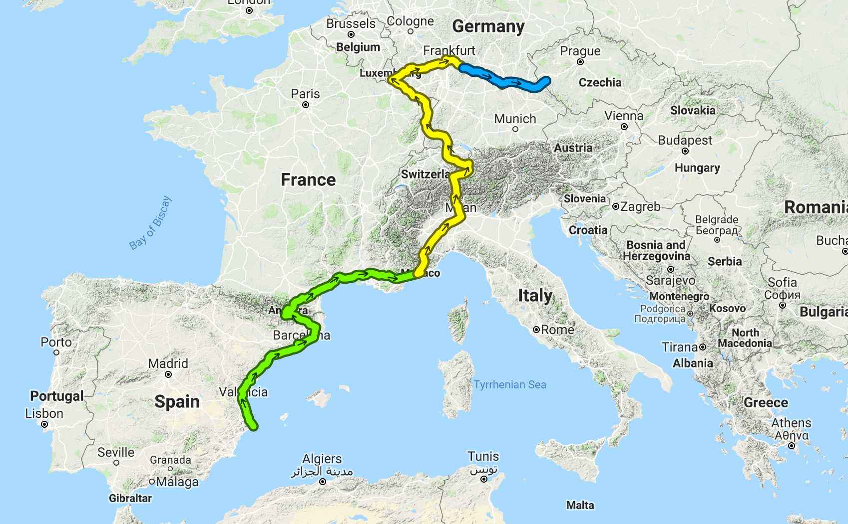 Progress from Spain to Germany in the least direct route