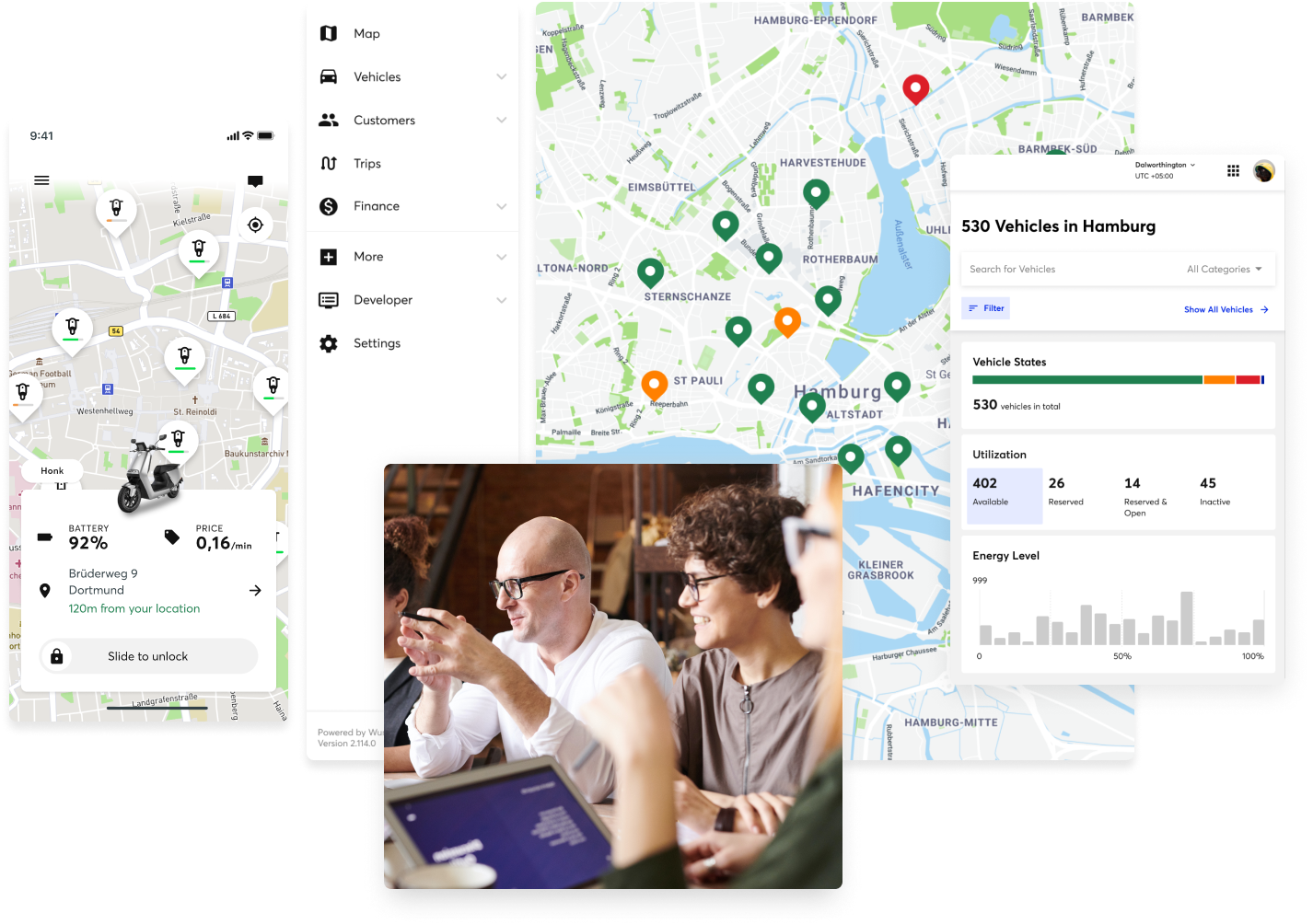 A showcase of Wunder app screenshots plus an image of a working place where workers are engaged in a discussion.