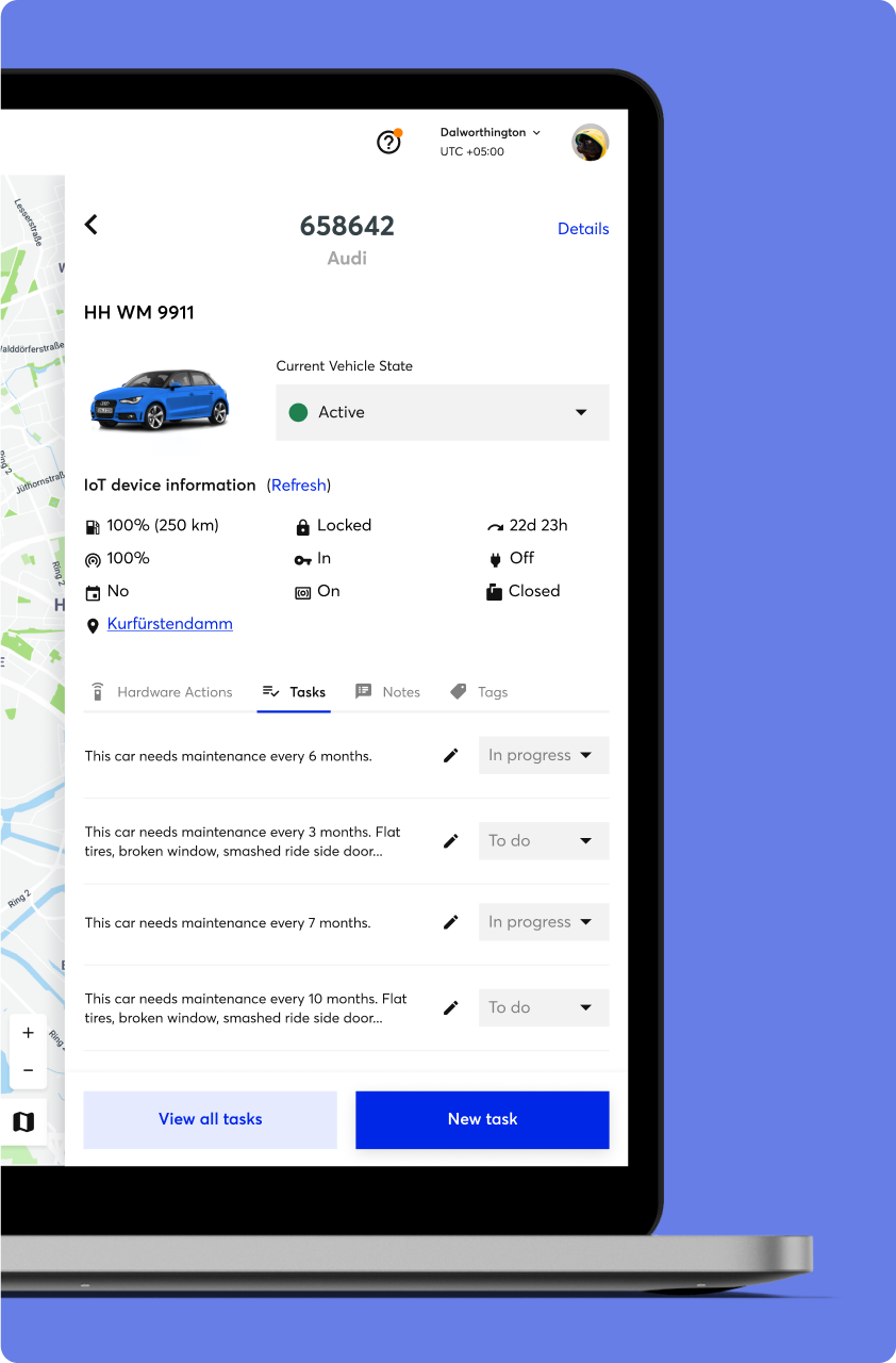 Image of software platform feature displaying operational management of creating jobs on the ground with a blue car.