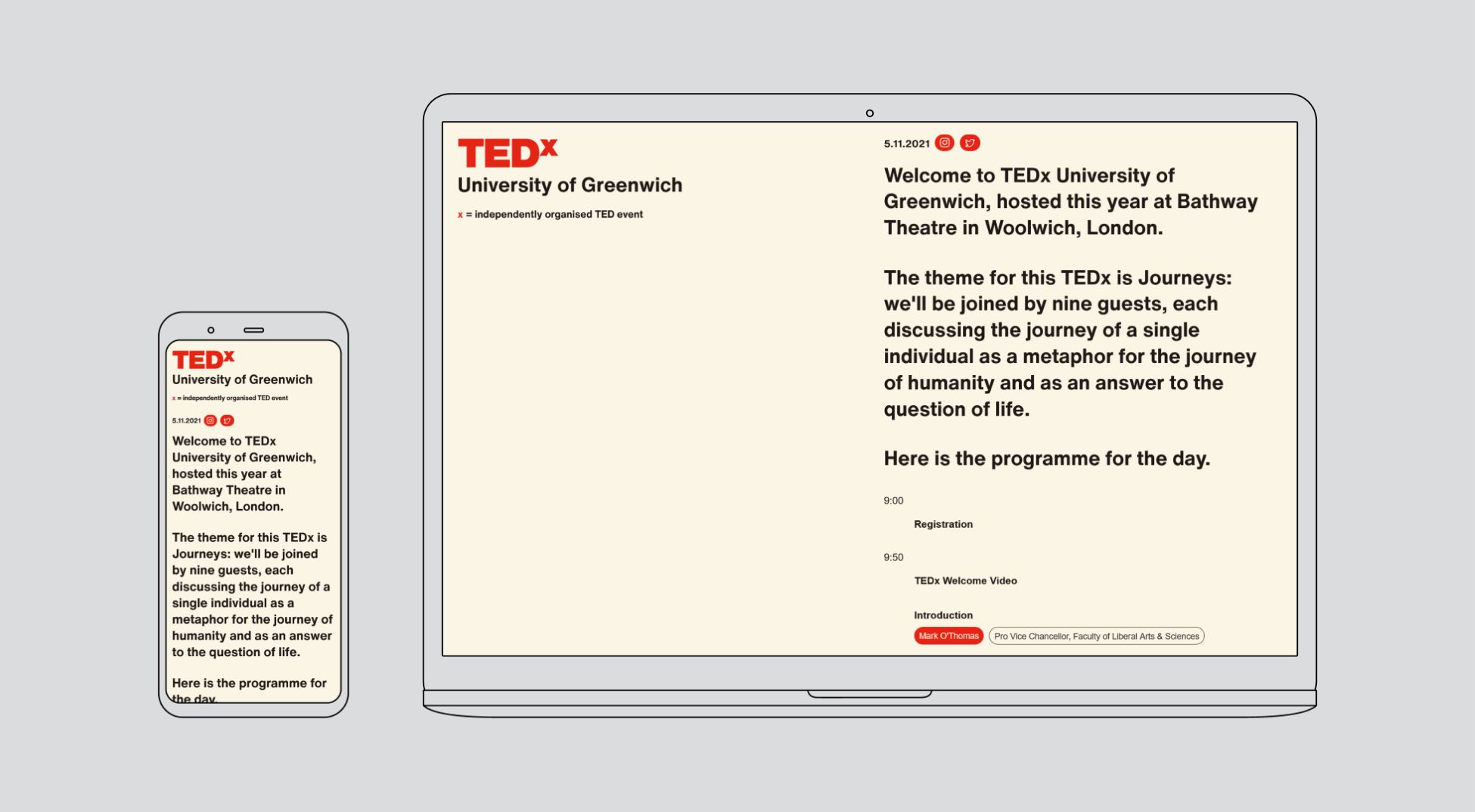 Mockup of a phone and a laptop with the TEDx 2021 programme website in their viewports