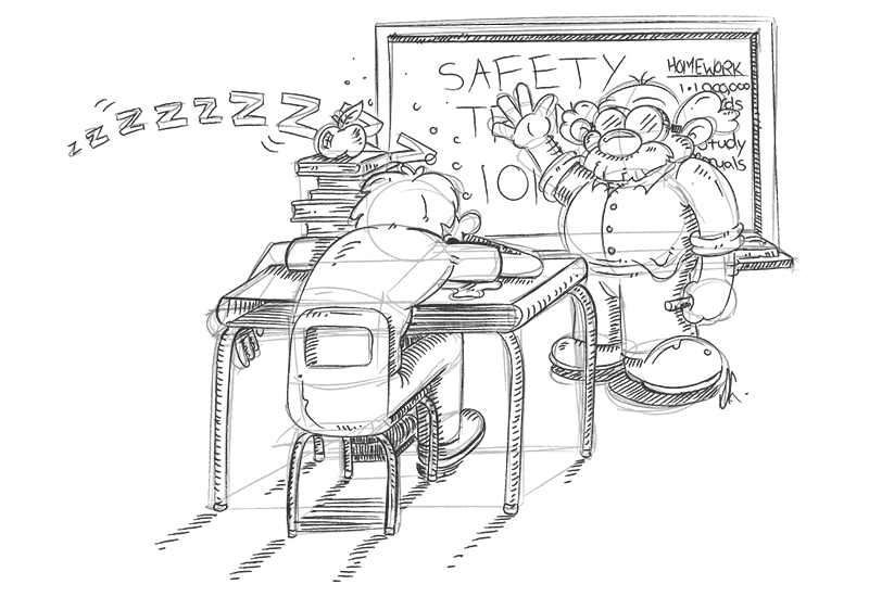 Cartoon of man teaching a Safety Course in a oldschool classroom setting with a bored student