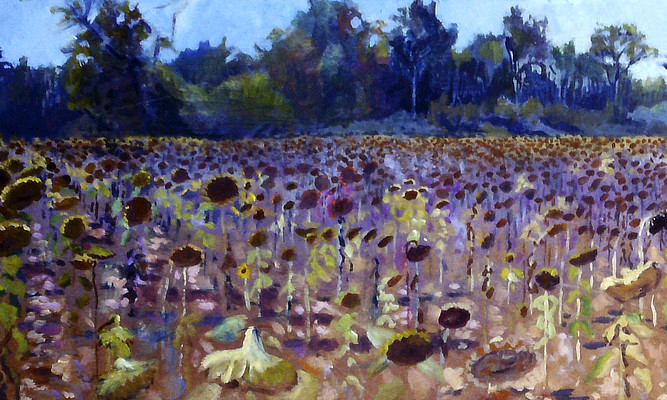 colourful panoramic painting of a field of sunflowers with blue trees in background