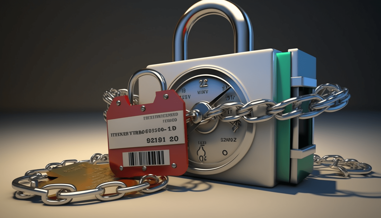 A lock with a chain wrapped around a credit score report, symbolizing the protection and security that freezing your credit provides against identity theft and fraud