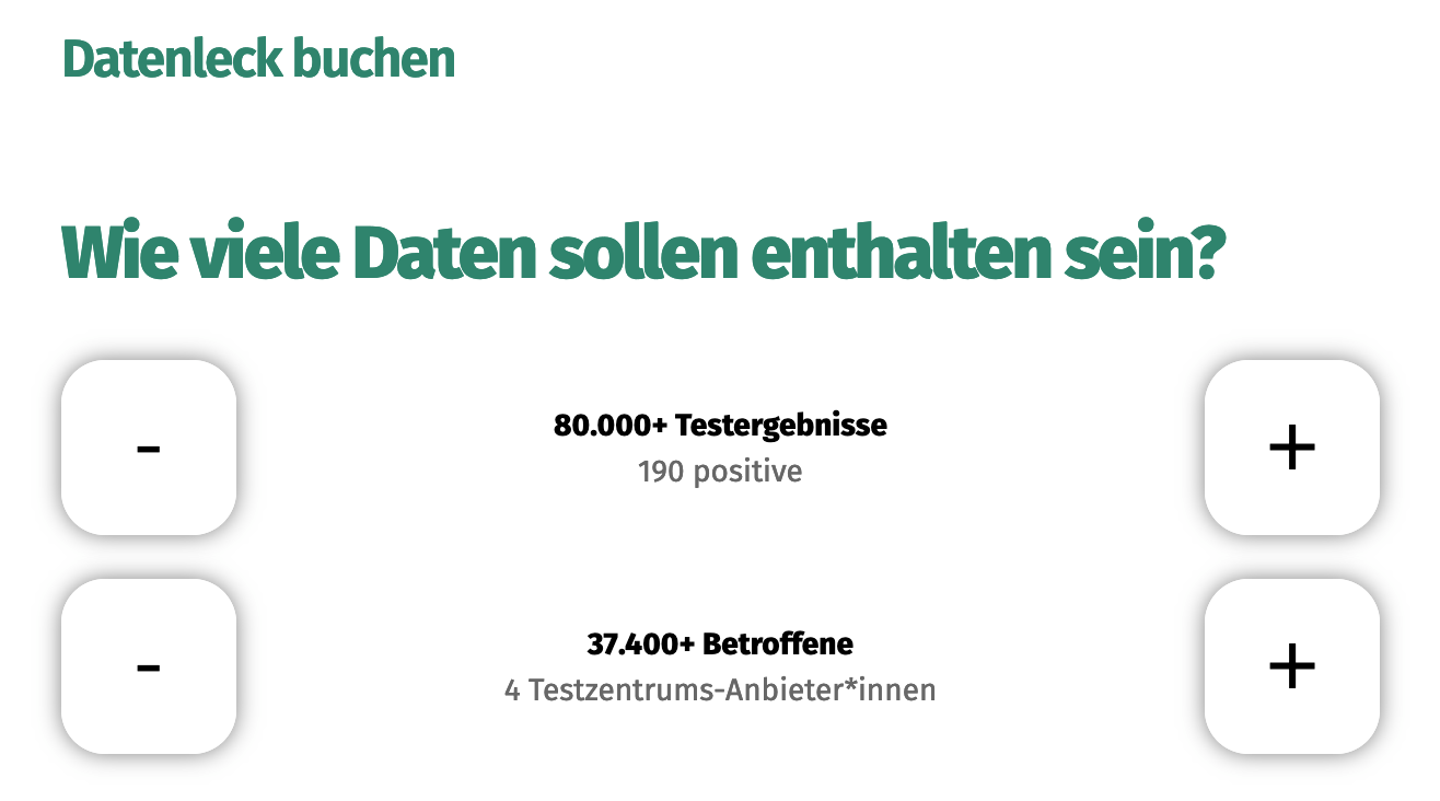 Modifizierter Screenshot der Testbuchungsseite, mit dem Text: 'Datenleck buchen - Wie viele Daten sollen enthalten sein?'