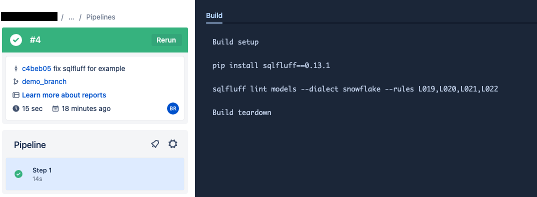 Image showing the Bitbucket action for lint on push