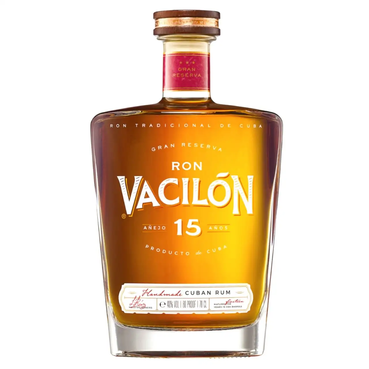 Image of the front of the bottle of the rum Vacilon Añejo 15 Años