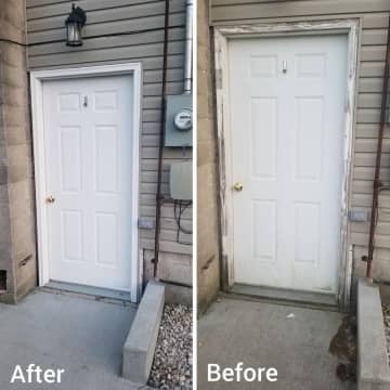 enlarged photo before and after of a door and trim being restored and painted white