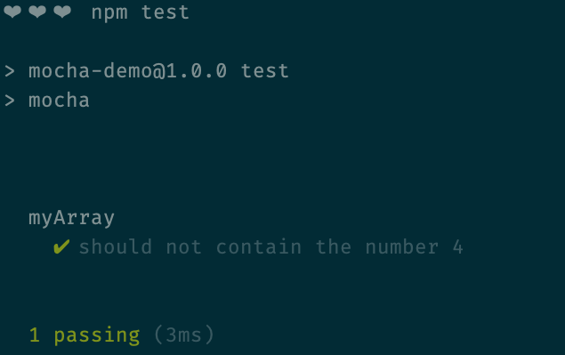 The output of our first test - with a green check mark