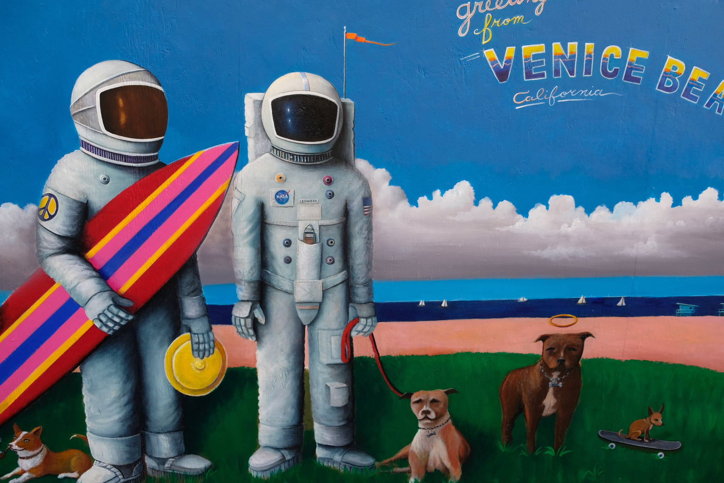 Surfing Astronauts with dogs mural