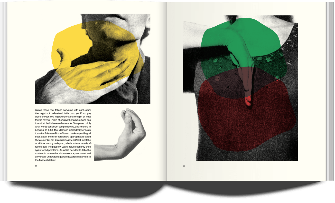 a publication spread. Photographs of Italian hand gestures, which are used to communicate ones feelings.