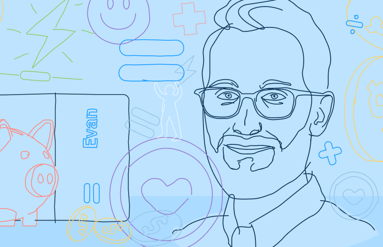 An illustration of a man with a beard and glasses, with artistic renderings of a piggy bank, mathematical signs, and the Even logo.