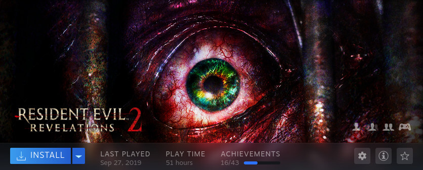 A screenshot of the Steam client, showing that I have 51 hours of play time in Resident Evil: Revelations 2 A screenshot of the Steam client, showing that I have 51 hours of play time in Resident Evil: Revelations 2