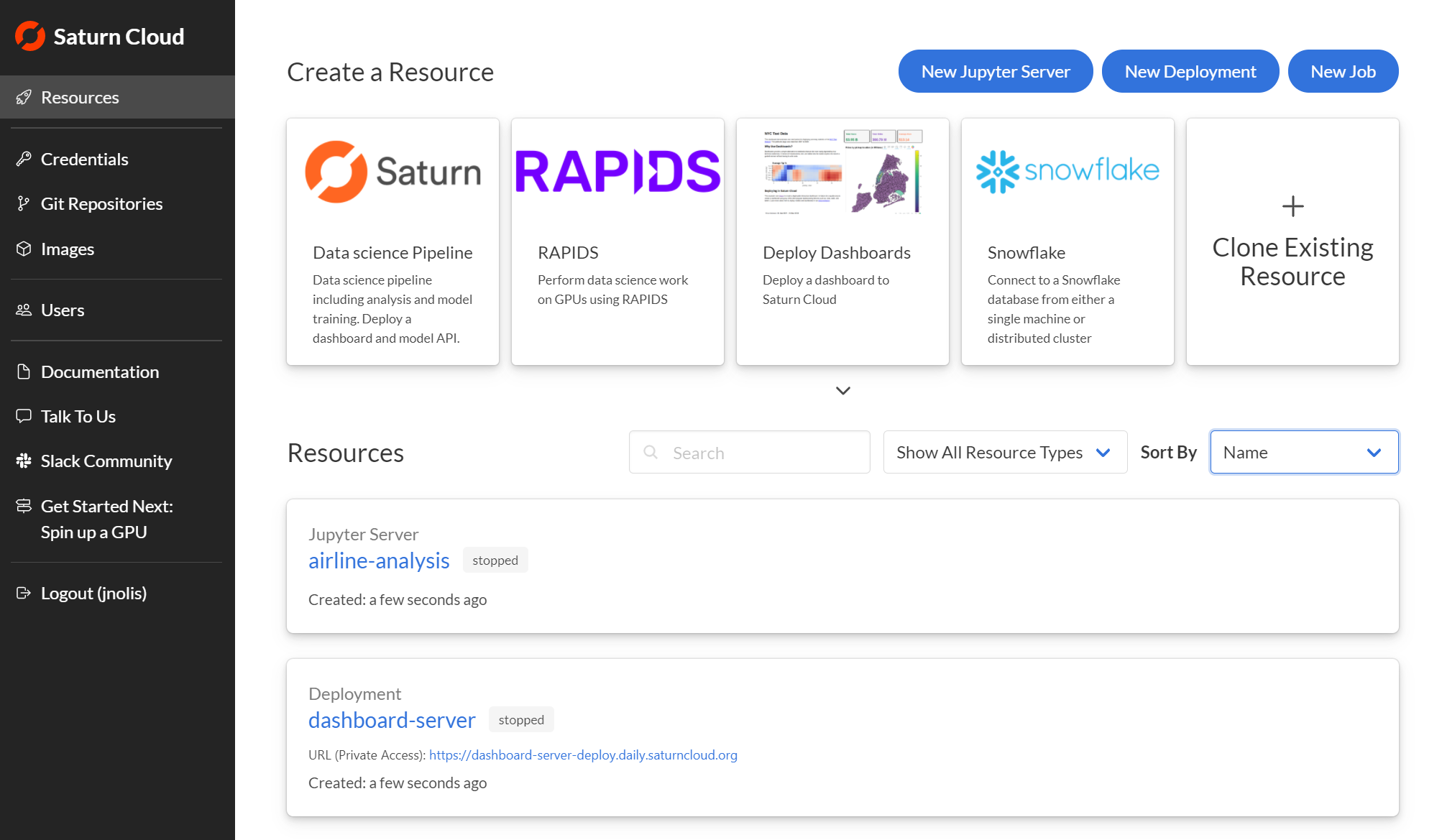 Screenshot of Saturn Cloud resource page with template resource cards visible