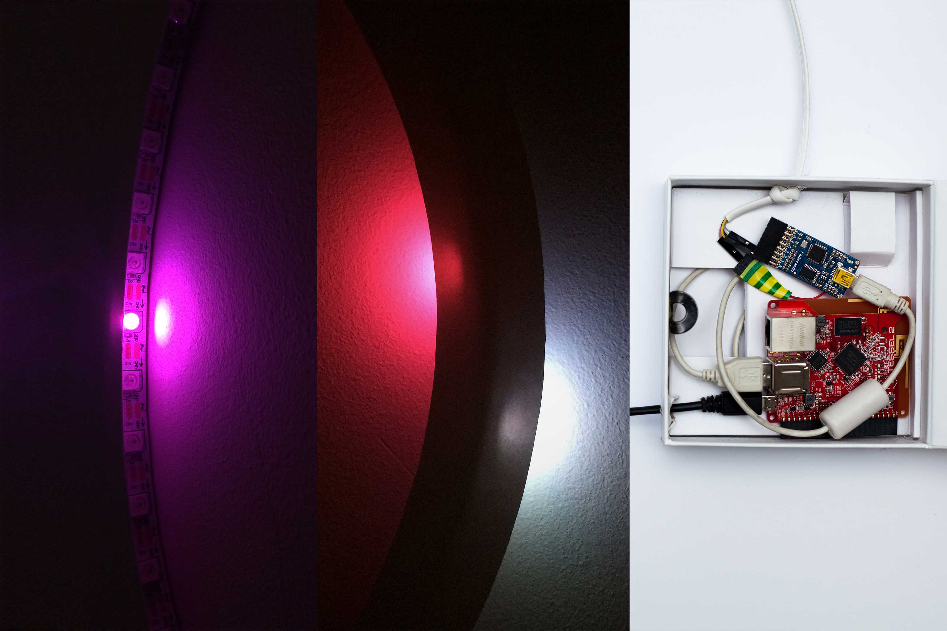 QClock light test at night, lights behind the bezel, and all electronics in a small ChromeCast box. Looks really messy, but as a first, it's perfect!