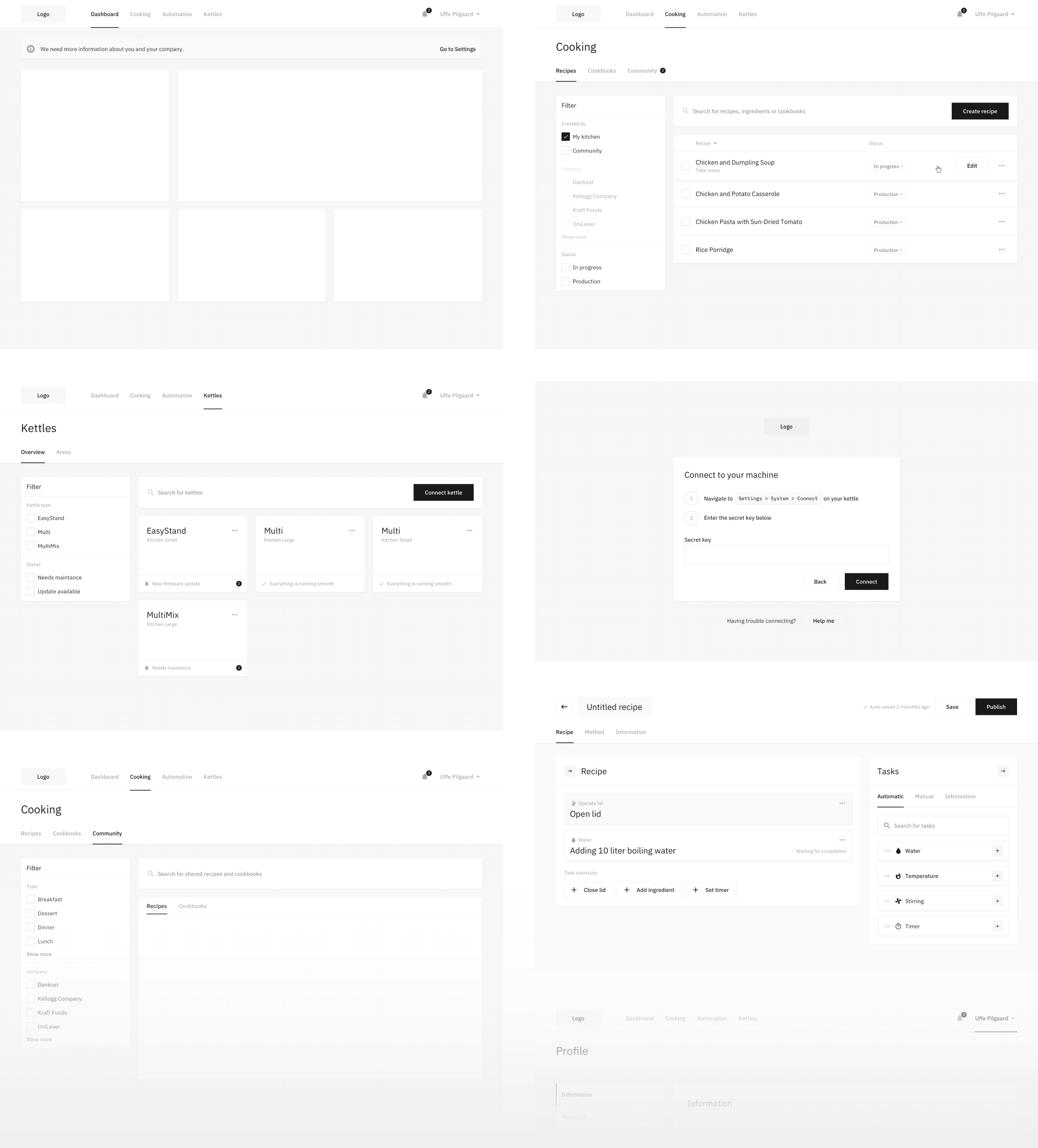 A handfull of desktop high-fidelity wireframes from the platform.