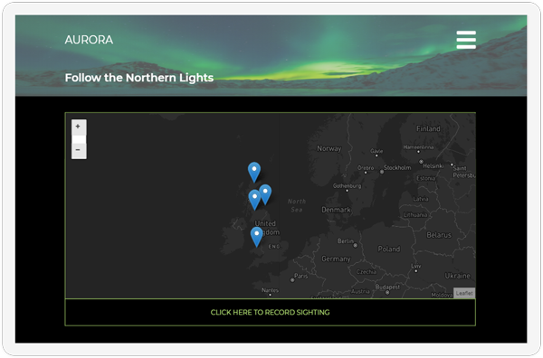 The homepage of the Aurora web application showcased on a screen