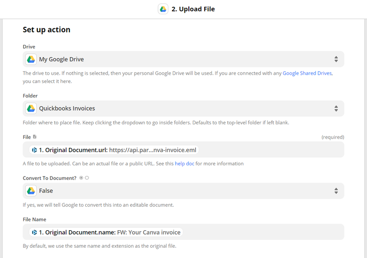 customize fields in Zapier to send the original email to Google Drive