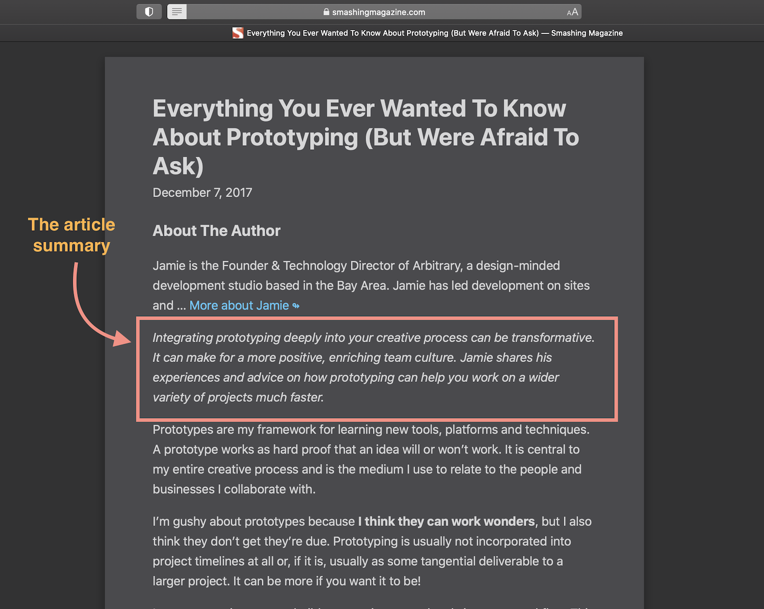 Screenshot of the article summary as it appears in Safari Reader mode: without a label and without a horizontal line separating it from the rest of the article content. Above the summary is also the author bio, which is preceding all of the article content, including the summary.