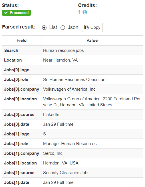 job search parsed results