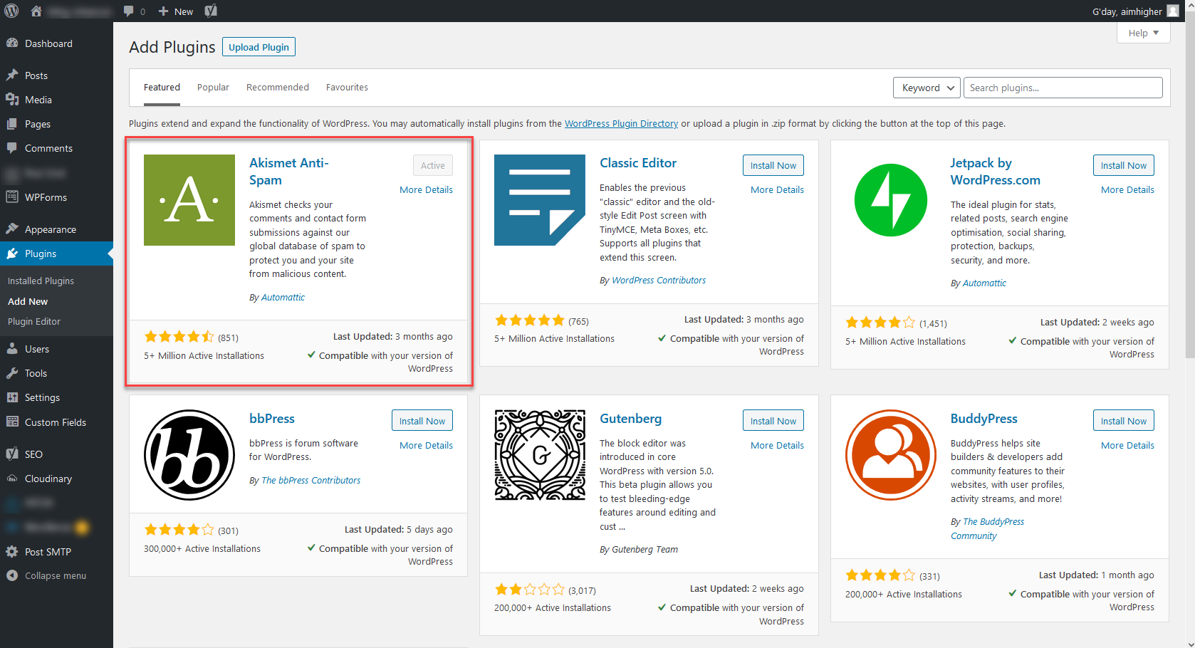 Find Akismet in the plugins section of the WordPress dashboard