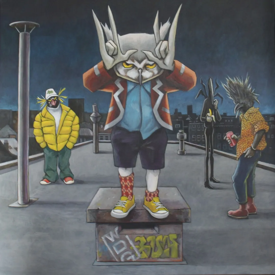 Een acryl schilderij door Ward De Graeve van een uil die samen met anderen op een dak staat