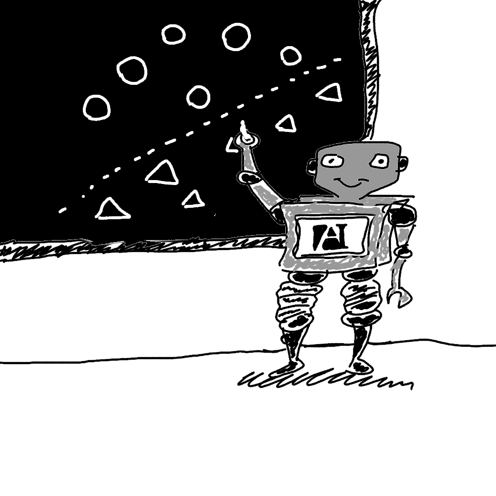 Picture of a cartoon robot teaching about artificial intelligence and data.