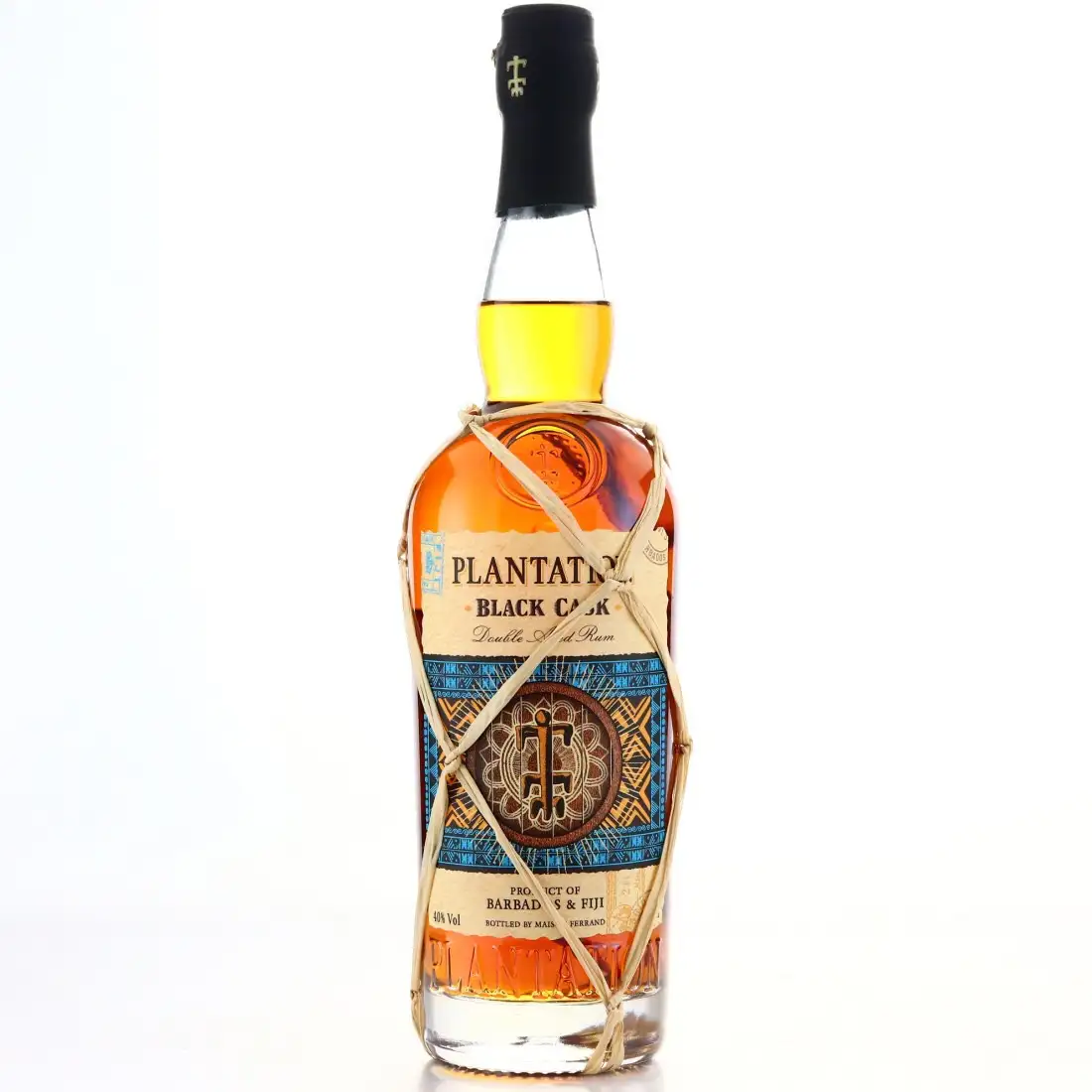 Image of the front of the bottle of the rum Plantation Black Cask Barbados & Fiji