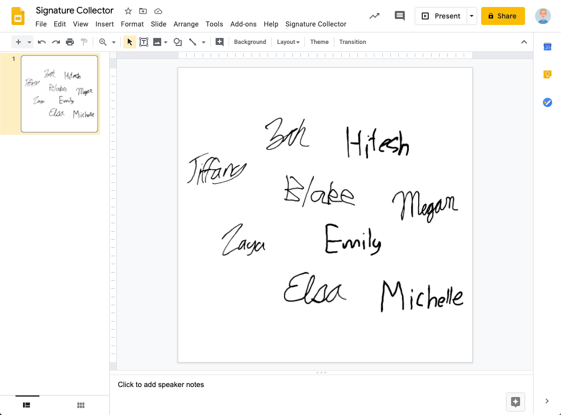 Screensnot of a Google Slide filled with handwritten signatures