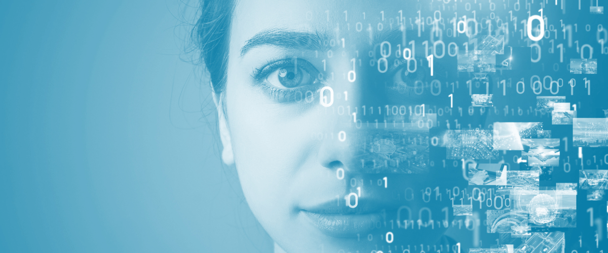 A woman's face is surrounded by binary code