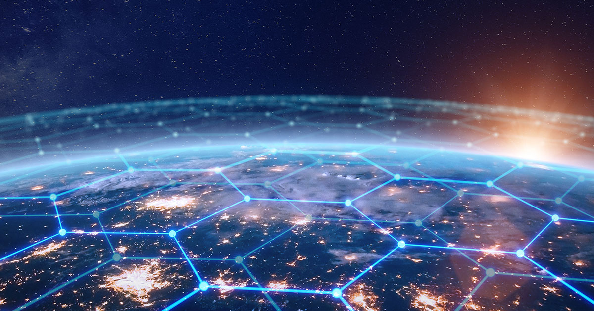 A network of blue light representing the blockchain covers the globe.