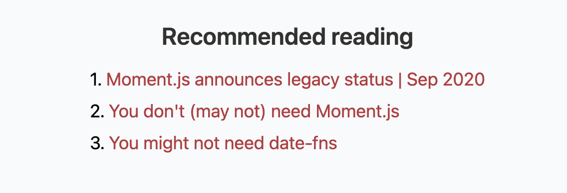 "Recommended reading" section with the links to "You might not need ..." resources