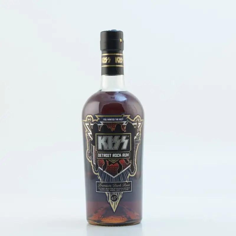 Image of the front of the bottle of the rum Kiss Detroit Rock Rum