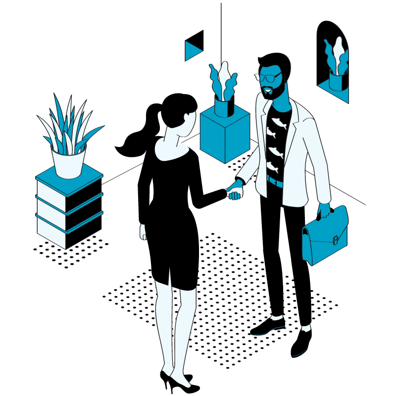 An illustration of two people shaking hands in a business setting.