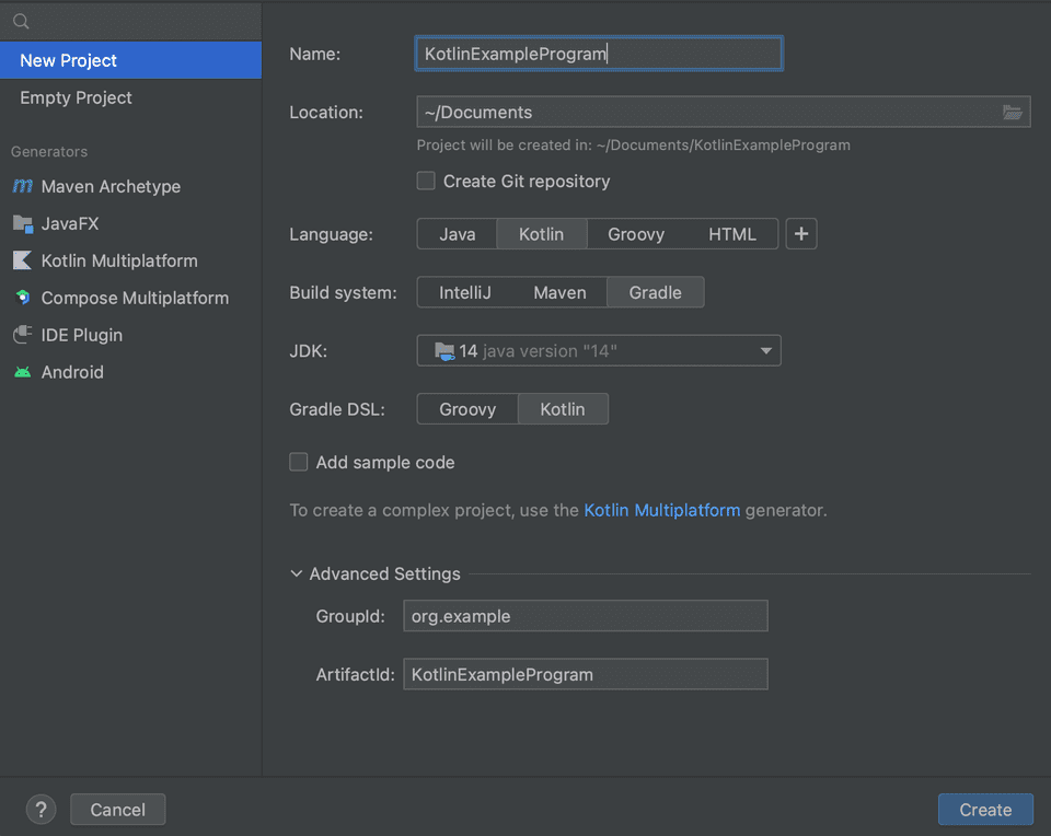 Android studio create new project
