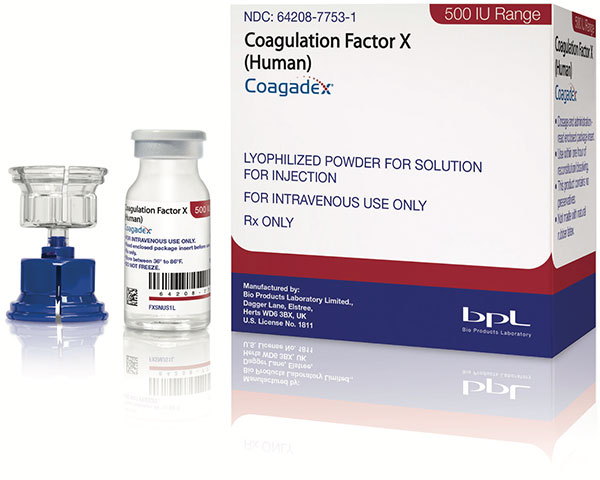 Coagadex: Coagulation Factor X (Human) packaging and vial