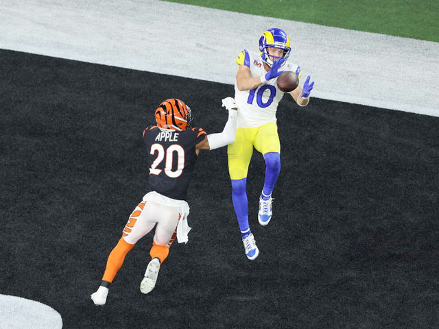 Cooper Kupp catching a touchdown in the Super Bowl over Bengals defender, Eli Apple