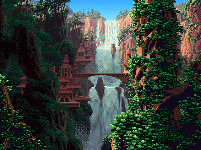 Mountain Temple with coarsly animated waterfall behind it