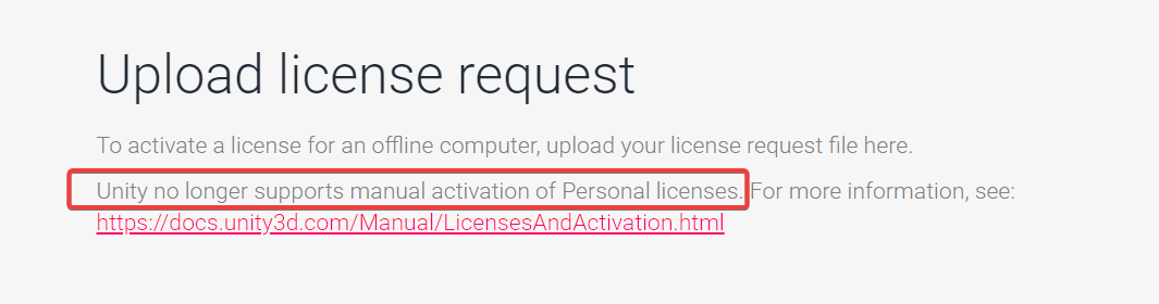 Unity no longer supports manual activation of Personal licenses