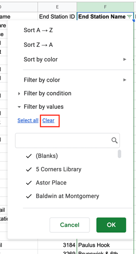 The pop-up window that appears in Google Sheets to define criteria for a filter.