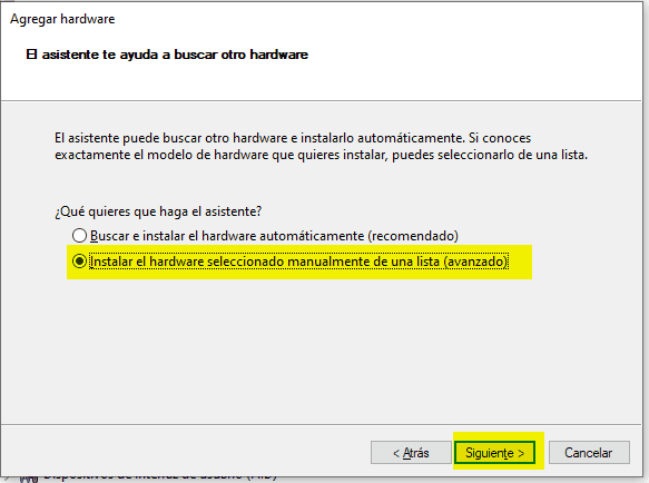 Seleccionar Instalar hardware manualmente